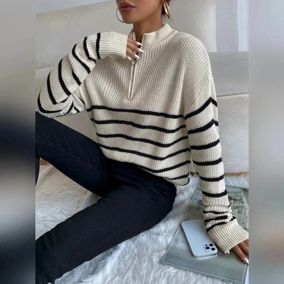 Striped Drop Shoulder Zipper Front Sweater - Picture 4 of 6